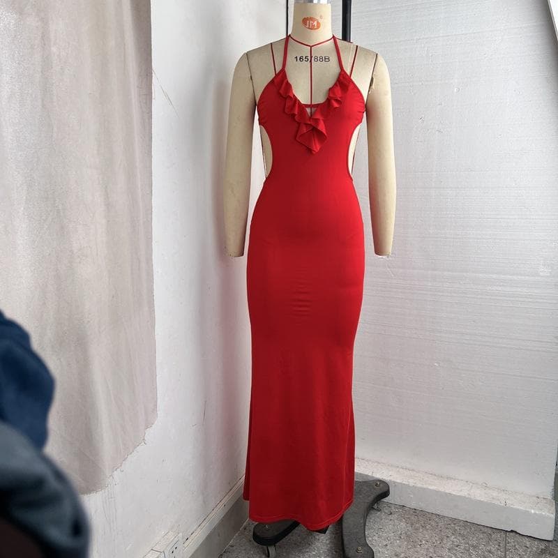 Women's Summer New Sexy Dress V-neck Backless Slim Hip-pack Evening Dress XL red