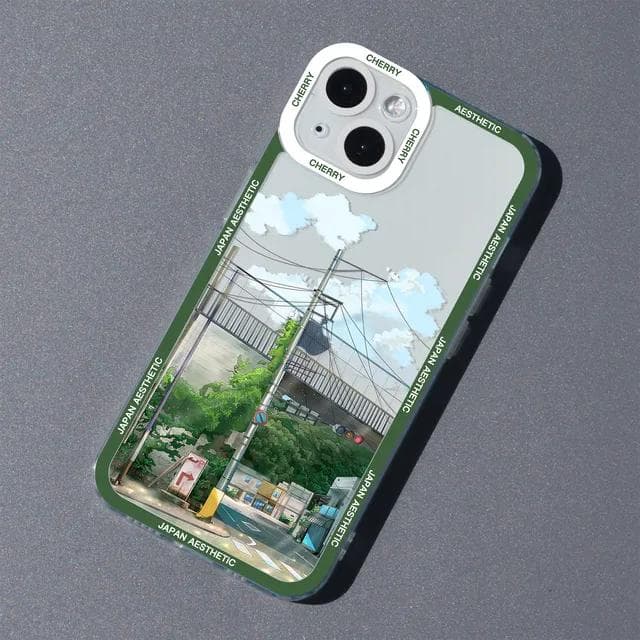 Japanese Anime Cherry Blossom Soft Phone Case for iPhone 13 12 14 11 Pro Mini X XR XS Max 7 8 Plus SE3 Cartoon Scenery Cover For iPhone 13ProMax sky blue