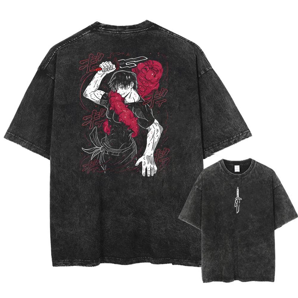 Men Streetwear Washed Acid Oversized T Shirt Japanese Anime Retro Worn Graphic Print T-Shirt Short Sleeve Tees S