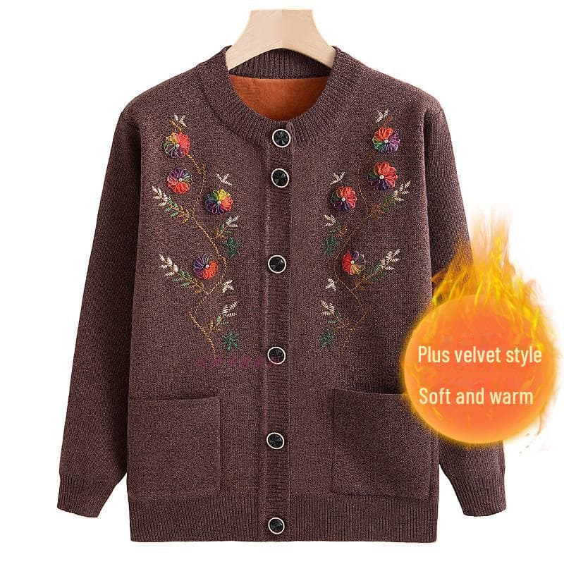 Grandma's Plus Velvet Winter Cardigan for Middle-Aged and Elderly Women - Thick, Cozy Top for Spring and Autumn 4XL (Approx. 125-135 Jin)