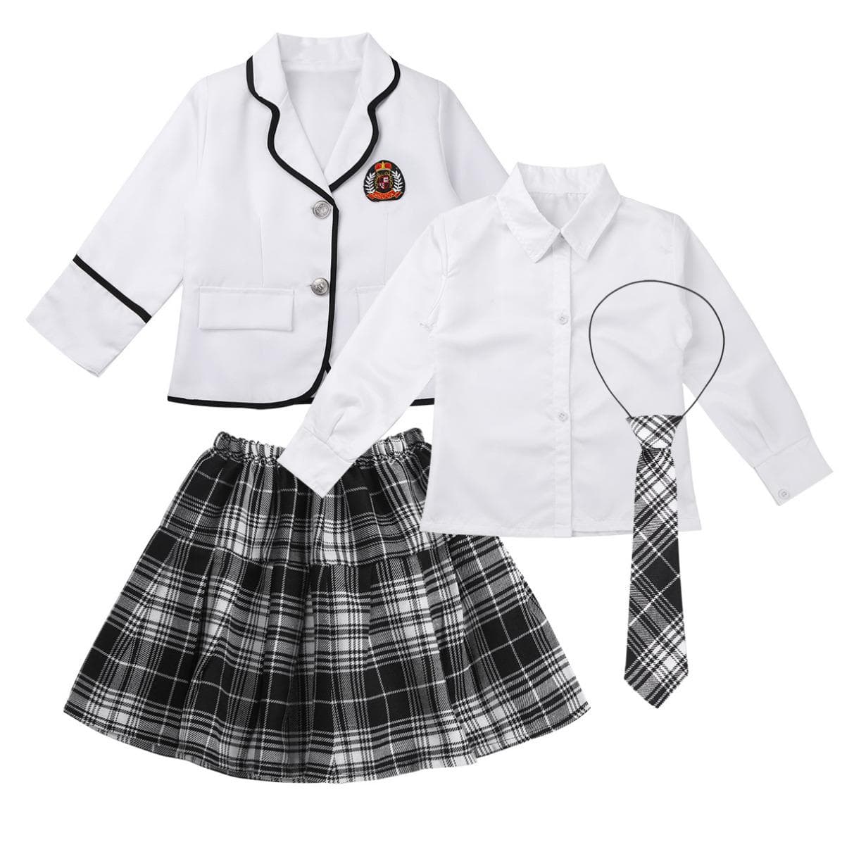 Kids Girls British School Uniform Long Sleeve Wide Lapel Coat with Shirt Tie Mini Skirt Set 7-8 Years white