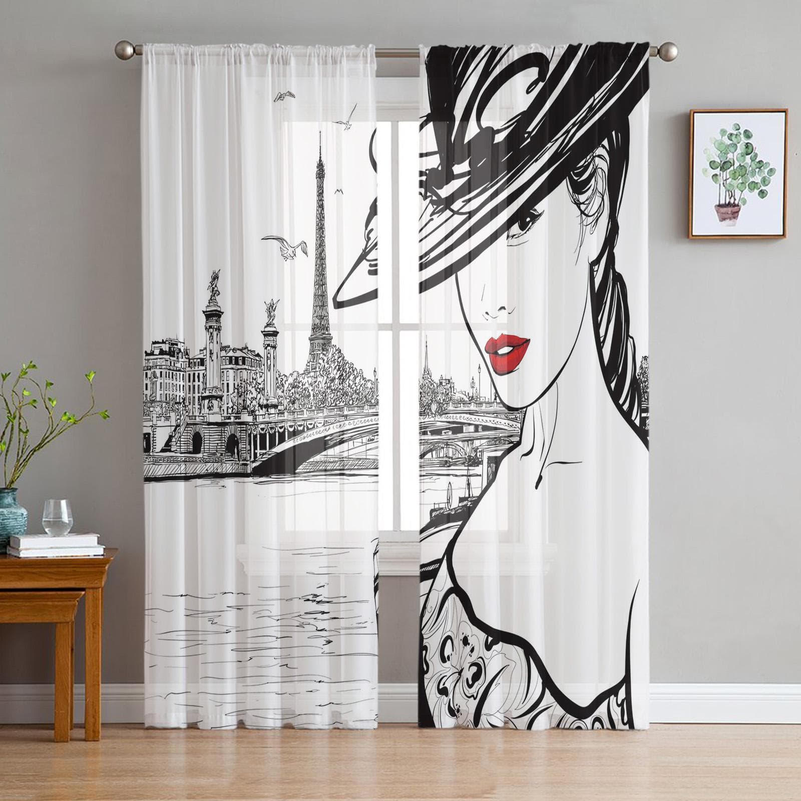 Retro Girl With Old Gramophone Chiffon Sheer Curtains for Living Room Bedroom Kitchen Decoration Window Voiles Tulle Curtain 135W x 114H(cm)