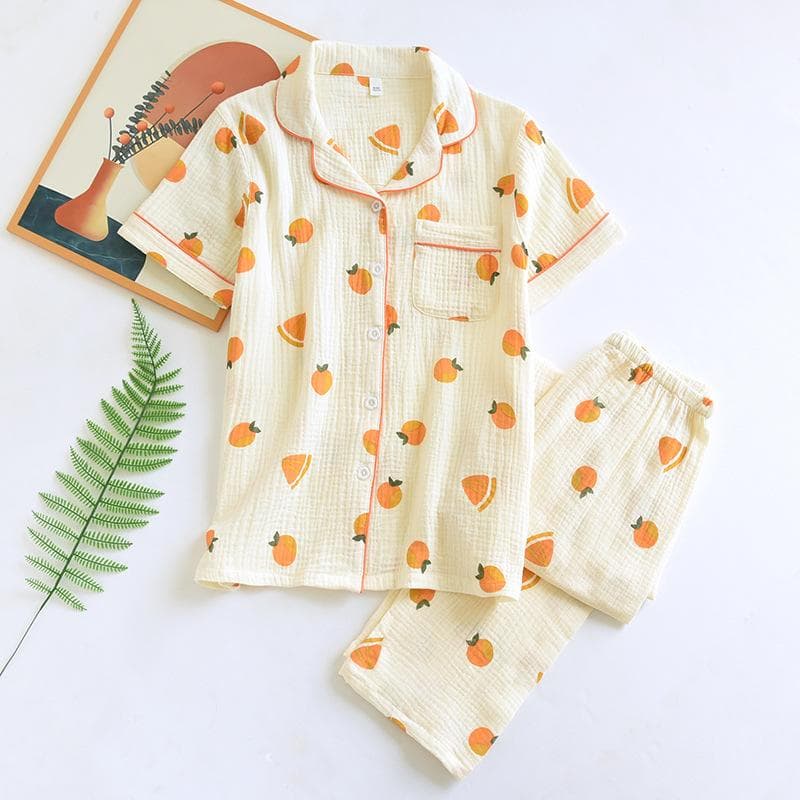 Summer New Women's Set 100% Cotton Crepe Short Sleeve+Long Set Two Piece Thin Flower Homewear Sleepwear Pajama XL