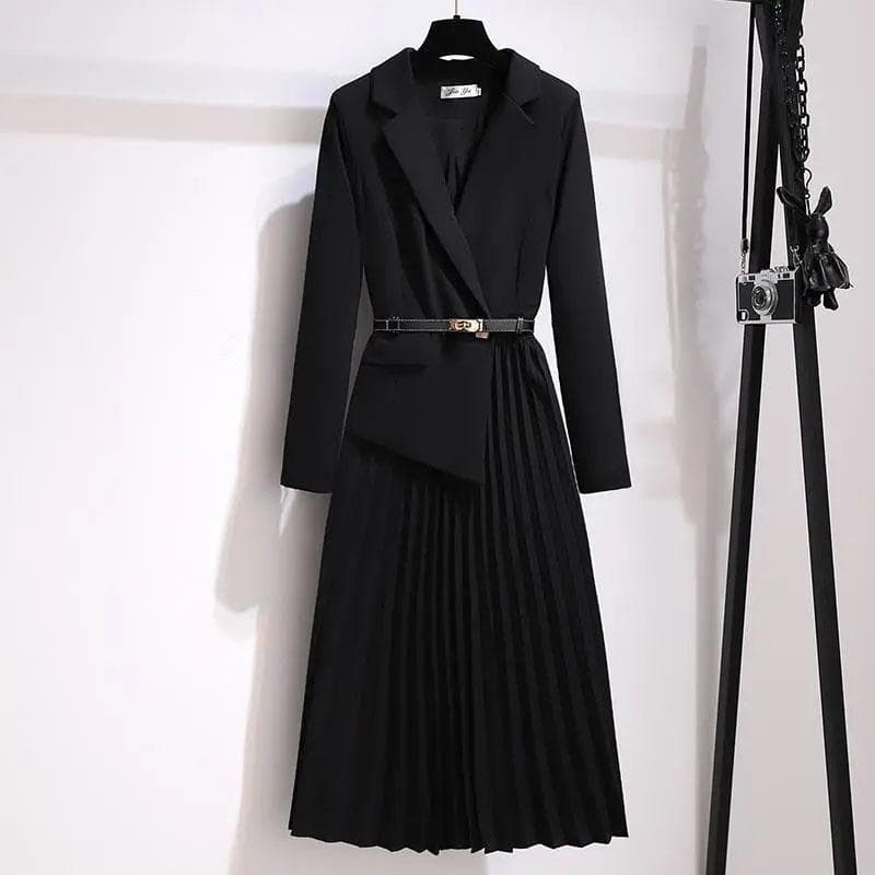 Autumn French Fake Two-piece Suit Dress Feminine Temperament Mid-length Pleated Skirt Ladies Elegant Long-sleeved Slim Skirt S black