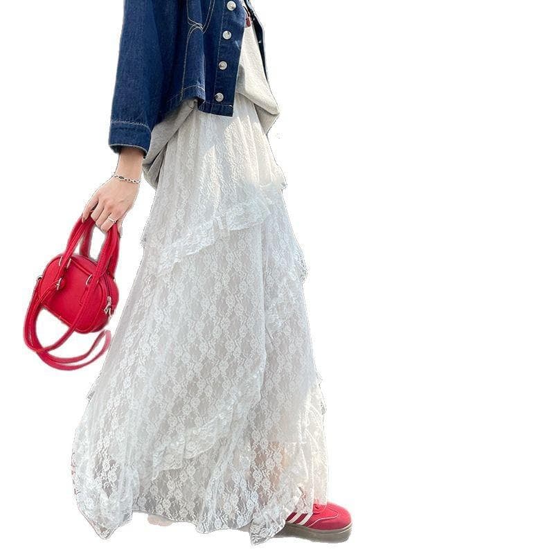 White Lace Skirt for Women In Summer New High Waist Drooping A-line Skirt Long Skirt Irregular Cake Skirt XL