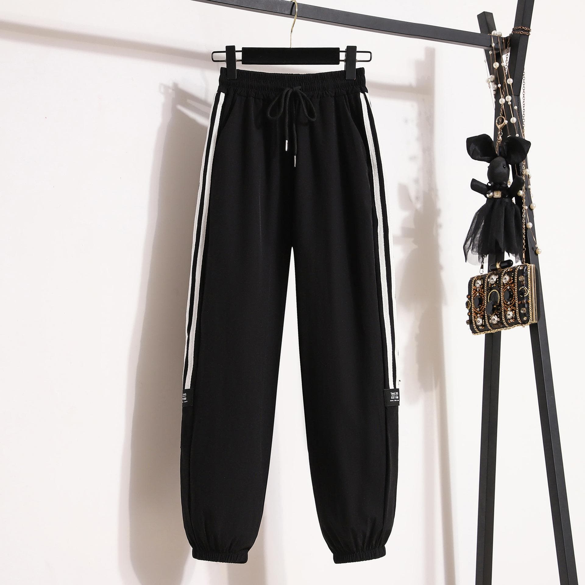 Summer Thin Women's Casual Pants Breathable Tied Feet Loose High Elastic Women's Pants Quick-drying Sweatpants 2XL black