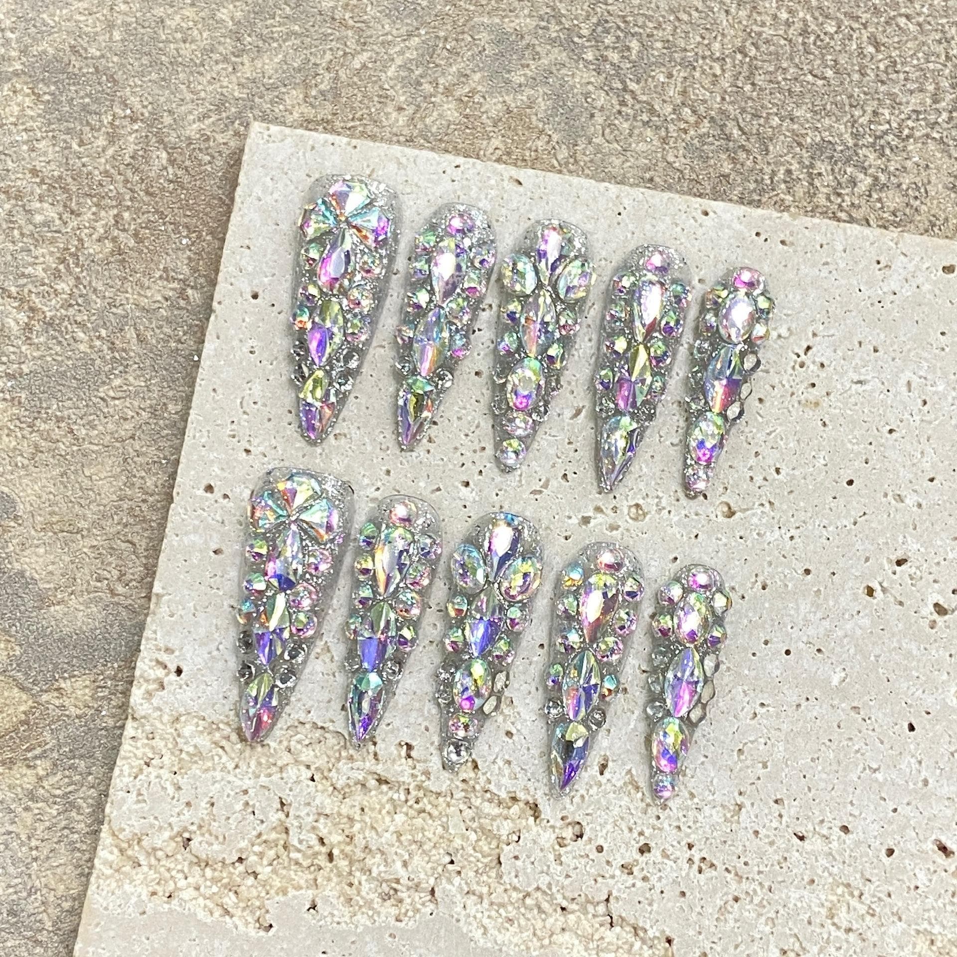 10pcs Handmade Sparkling Crystal Full-Covered Press-On Nails, Luxury High Pointed Nail Tips,For Party, Wedding, Daily Use, DIY Nail Art Supplies L