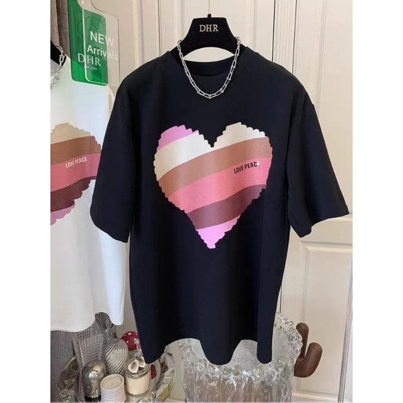 Colorful Love Short-sleeved T-shirt Top for Women Loose Casual Spring and Summer New Pure Cotton Large Size XXXL black