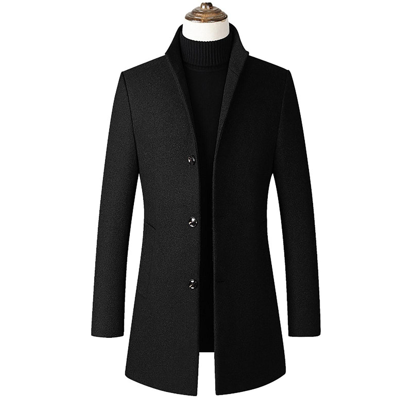 Men Mid Length Slim Fit Woolen Coat With Stand Collar Solid Color Woolen Coat XL black