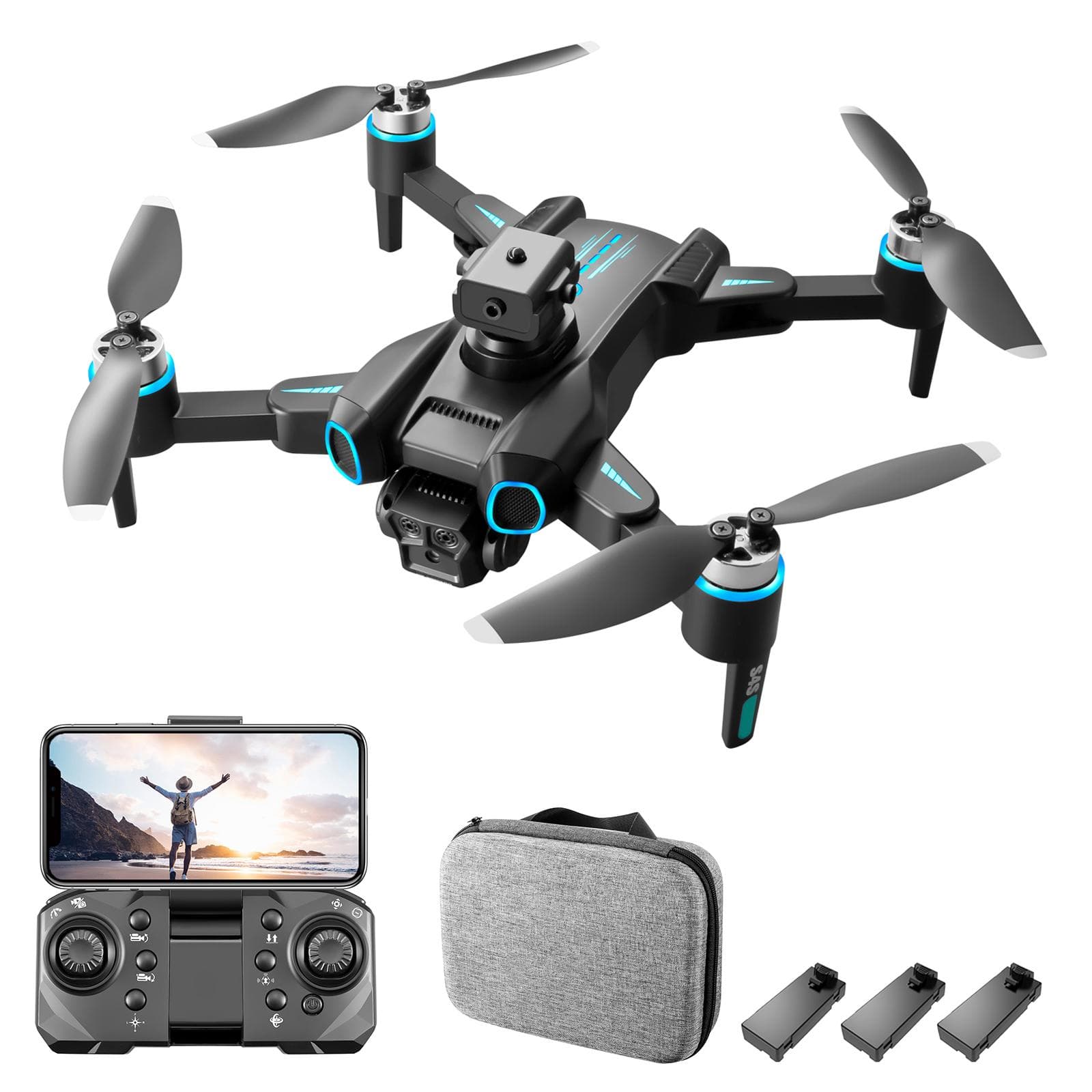 Remote Control Drone with Camera 6K Dual Camera Foldable Drone Obstacle Avoidance Brushless Motor 4K dual camera 3 battery black