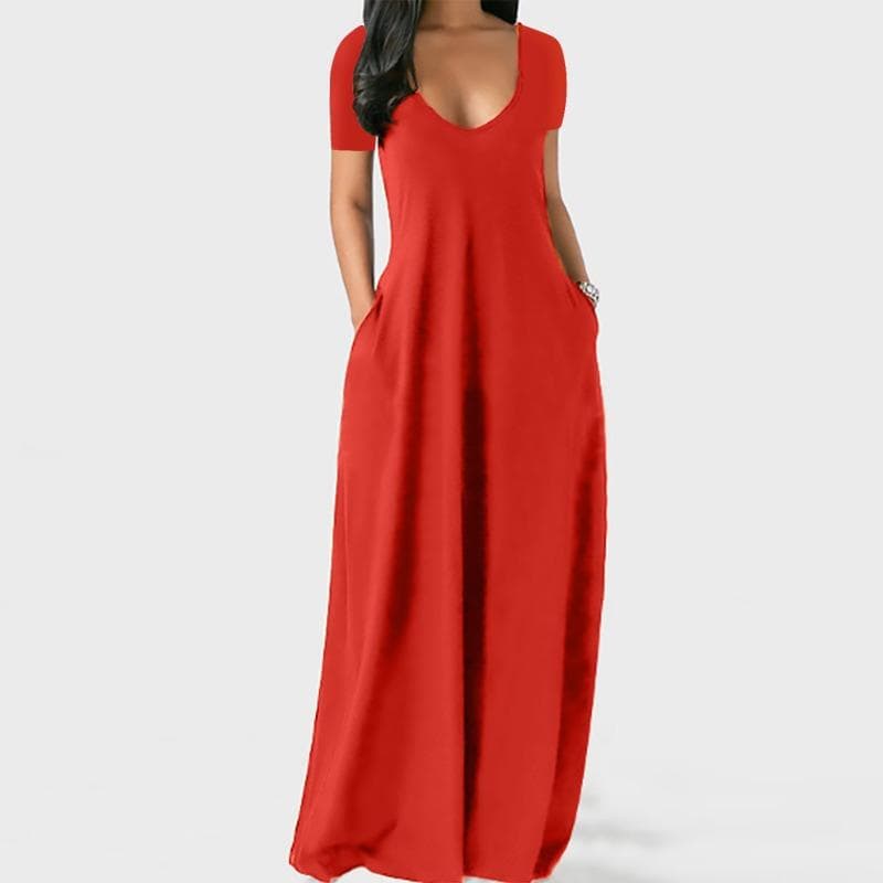 Solid Simple Dress, Casual Short Sleeve Maxi Dress With Pockets, Women's Clothing 3XL red
