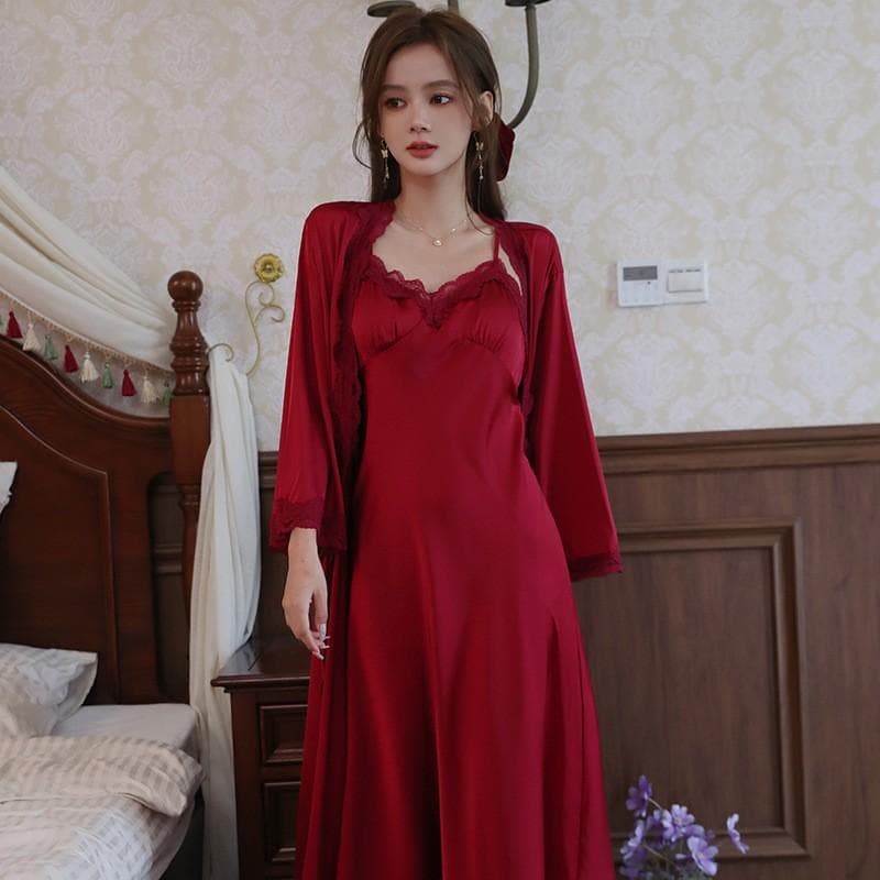 Sexy Nightdress Women's Two-piece Set Spring and Autumn New Ice Silk Sling Lace Pajamas Mid-length Summer Home Clothes Suit XL