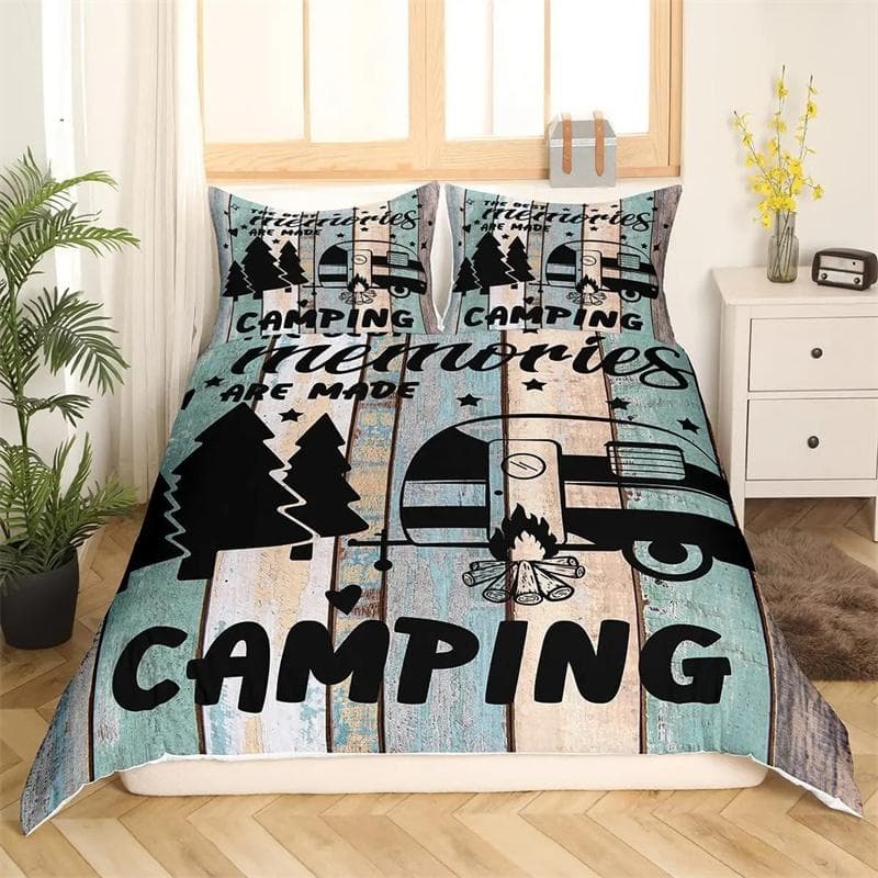 Happy Camping Comforter Cover King, Summer Camping Decoration Bedding For Boy Teens Family, Beach Vacation Style Duvet Cover Set 140x200cm 2pcs