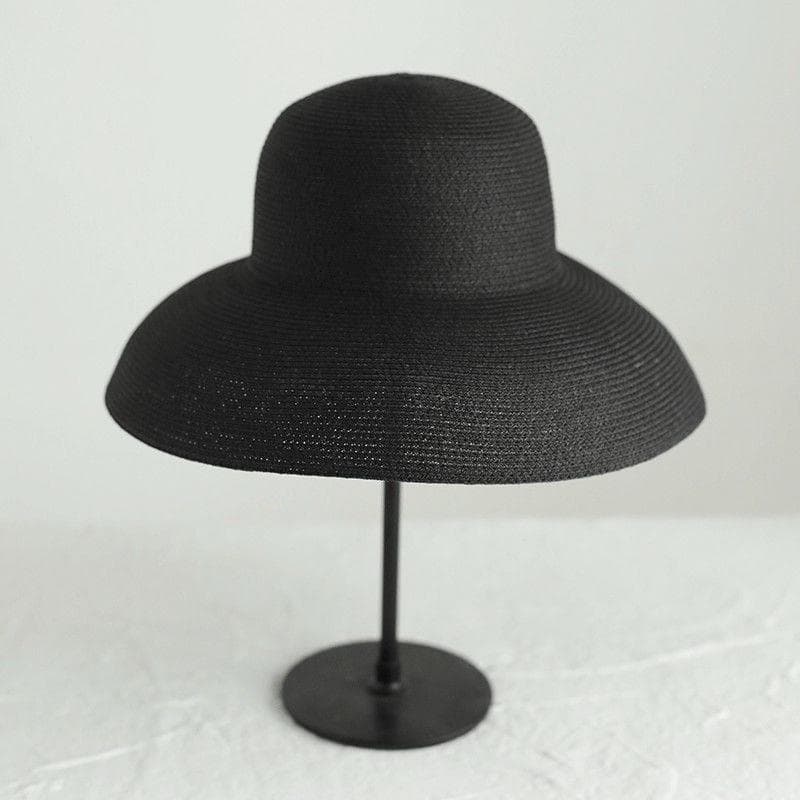Classical Hepburn Style Handmade Women Summer Straw Hat Beach Sun Hats Wide Brim 54-60cm  black