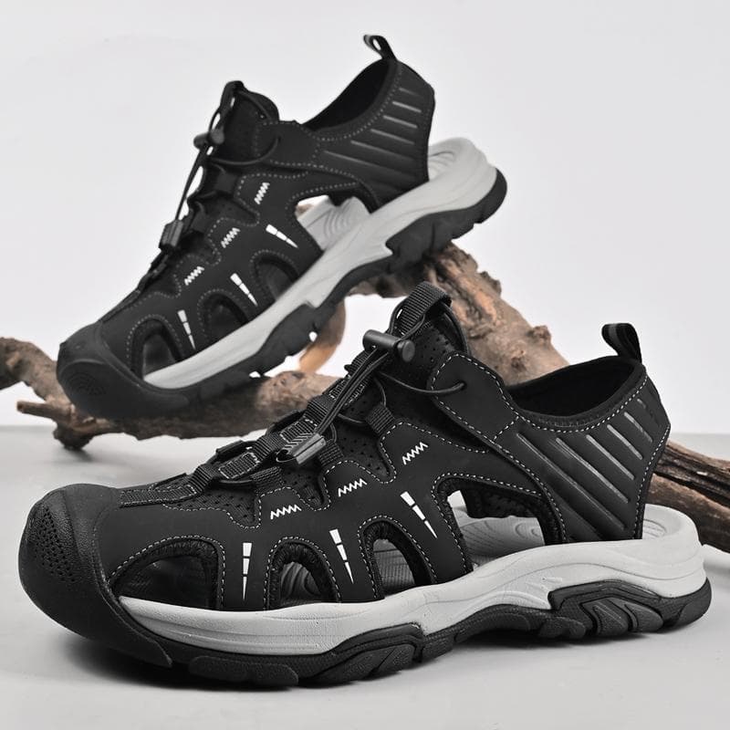 Big Size Men's Sandals Summer Anti-collision Outdoor Walking Treking Casual Shoes Leather Hiking Men Slippers Beach Wading Shoes 38 black