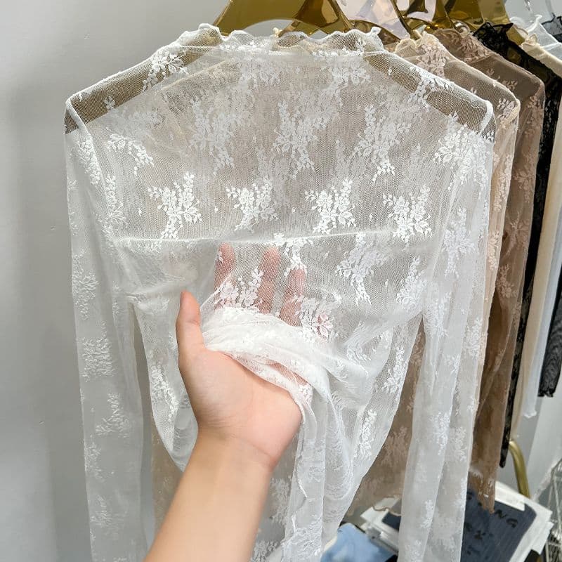 Wooden Ear Edge Lace Leggings Women's Long Sleeve Slim Inside Take Transparent Gauze Top S white