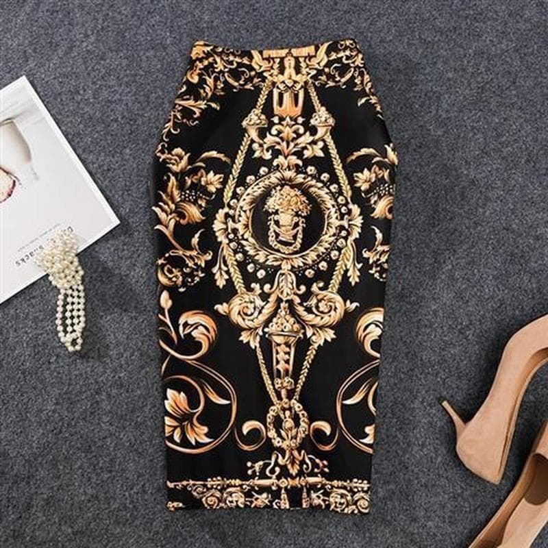 Summer Cartoon Print Elegant Pencil Skirt Women Bodycon High Waist Knee Length Skirt Female M black