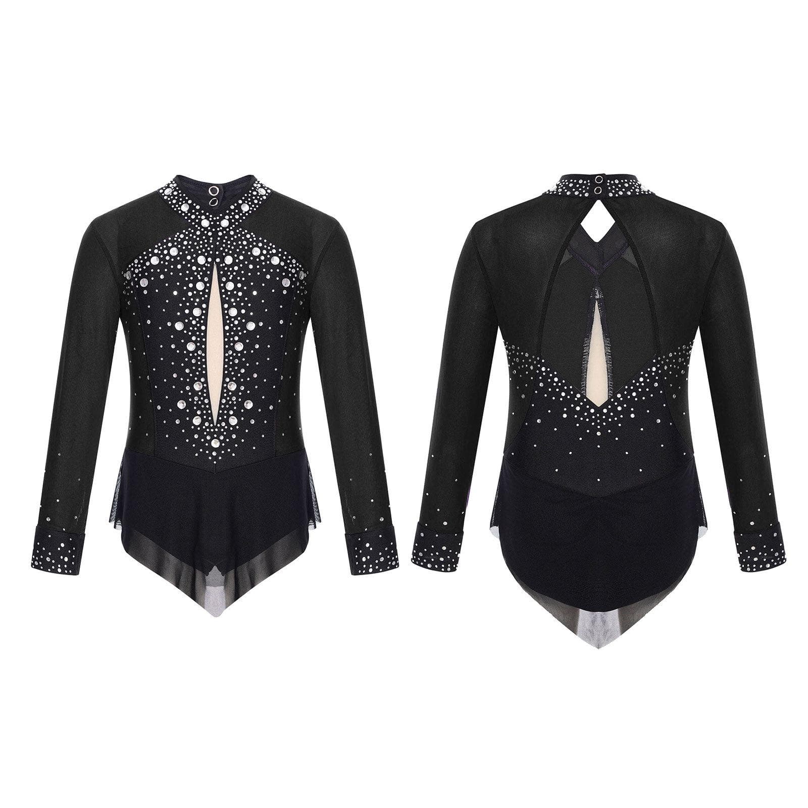 Kids Girls Shiny Sheer Mesh Long Sleeve Figure Skating Gymnastics Ballet Dance Leotards Bodysuit 15-16 Years black