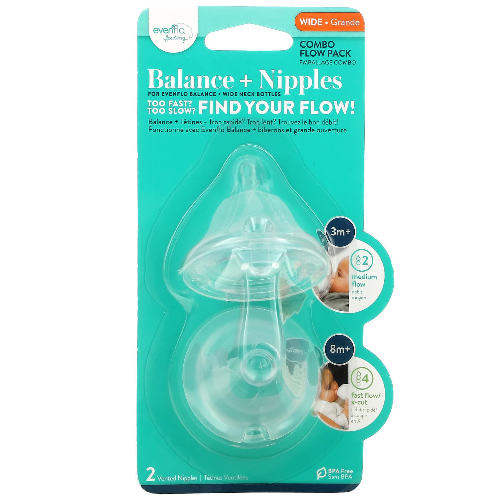 Evenflo Feeding, Balance + Nipple, Combo Flow Pack, Wide, 3+ Months, Medium, 2 Nipple Ejections