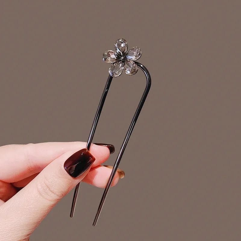 Elegant Rhinestone Flower U-Shaped Hairpin for Women, Simple Black Color Hair Sticks, Summer Hair Accessories black