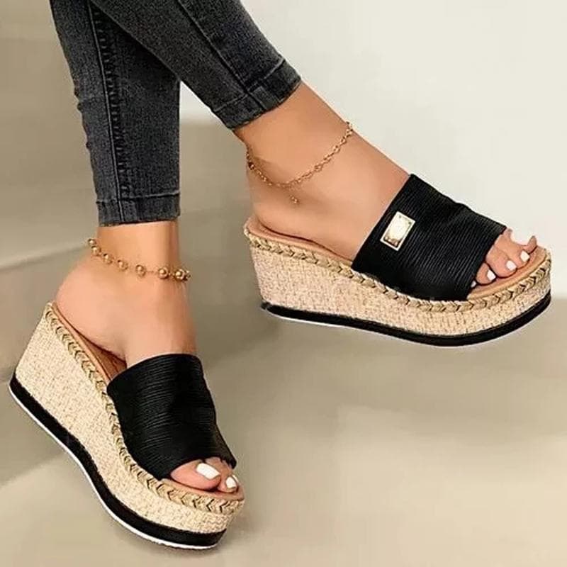 Summer Wedges Slippers Platform High Heels Women Slipper Ladies Outside Shoes Basic Clog Wedge Slipper Flip Flop Sandals 41 black