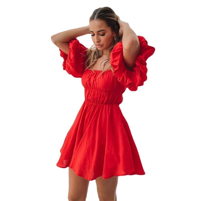 2024 Summer New European and American Women's Clothing Solid Color Off-Neck Puff Sleeve Skirt XXXL