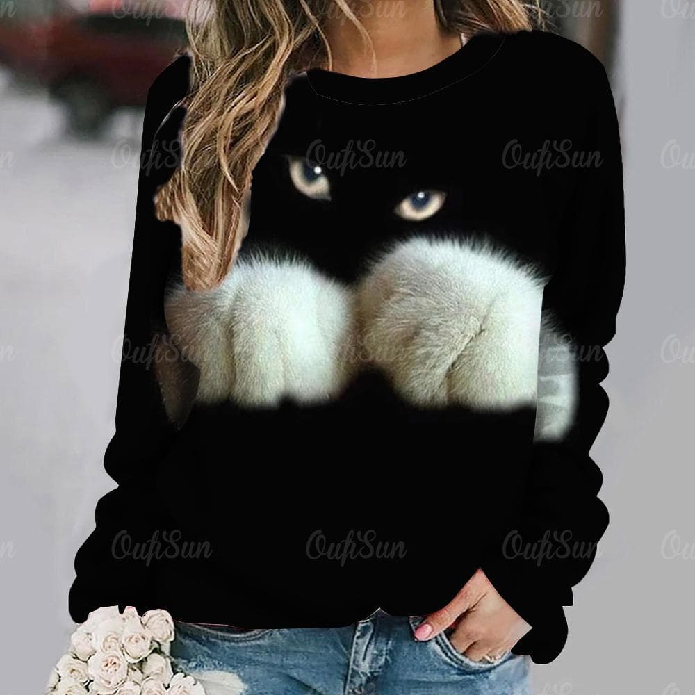 Women Long Sleeve T Shirt Kawaii Cat Graphic 3d Print Tees Harajuku Casual Tops Autumn O Neck Pullover Female Loose Clothing 5XL