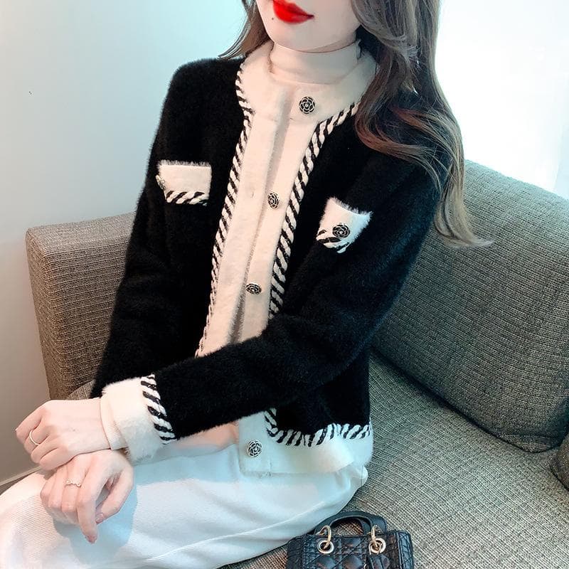 Small Scent Style Contrast Cardigan Jacket for Women In Autumn and Winter New Style of Celebrity Temperament Outer Top XL