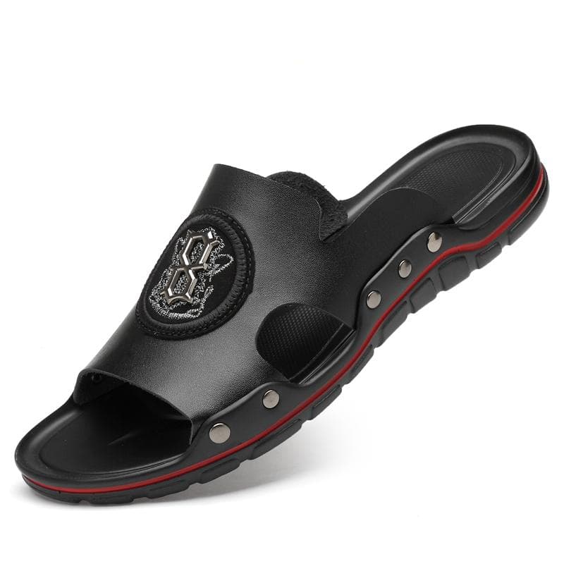 Mens Flat Leather Slides Slide Sandals Big Size 50 Slippers Indoor Outdoor Summer Casual Shoes for Man Comfortable Non-Slip Wear 44 black