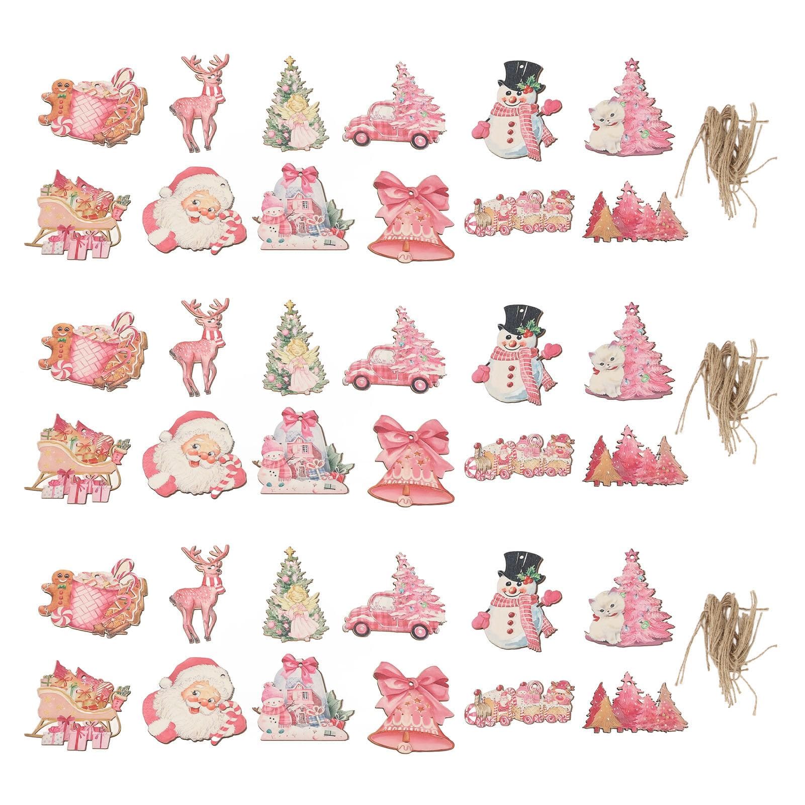 36pcs Xmas Hanging Wooden Ornaments Santa Snowman Xmas Tree Decorations Pendants Tags with Rope for