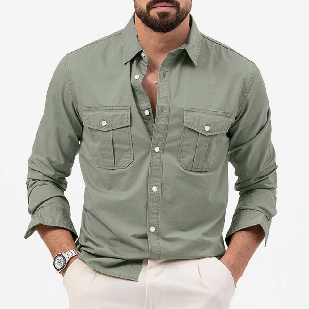 Mens Cargo Shirt Long Sleeve Tops Men Soft Casual Cotton Militar Tactical Shirts XL green