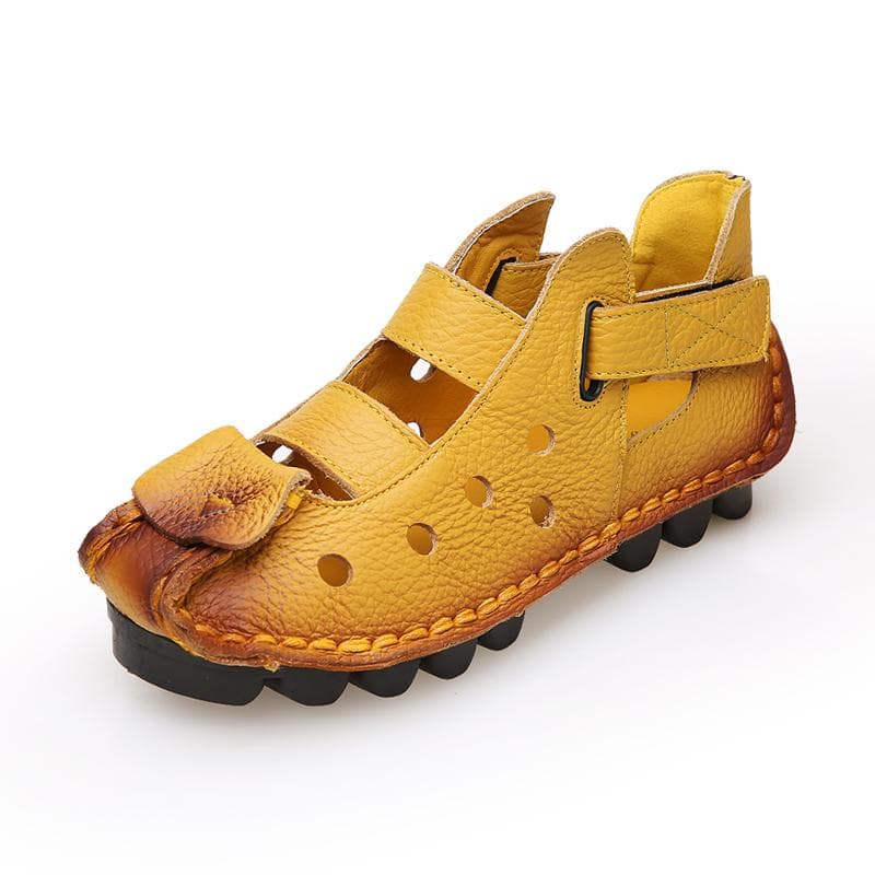 Summer Retro Handmade Genuine Leather Women Shoes Soft Flat Shoes Hollow Casual Women Sandals 40 yellow