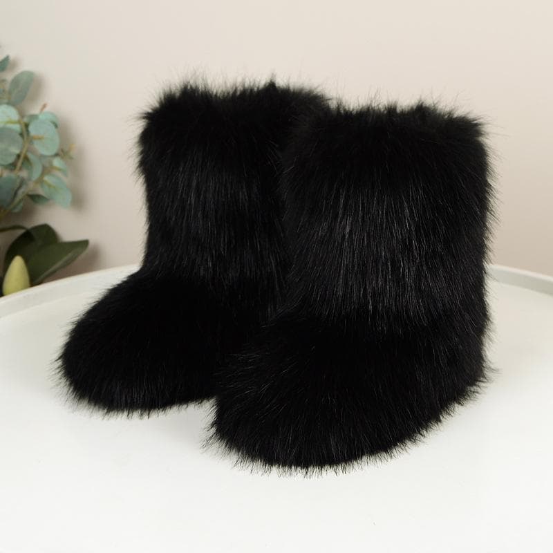 Winter Women Fluffy Faux Fox Fur Boots Woman Plush Warm Snow Boots Luxury Footwear Girls Furry Fur Bottes Fashion Winter Shoe 36 black