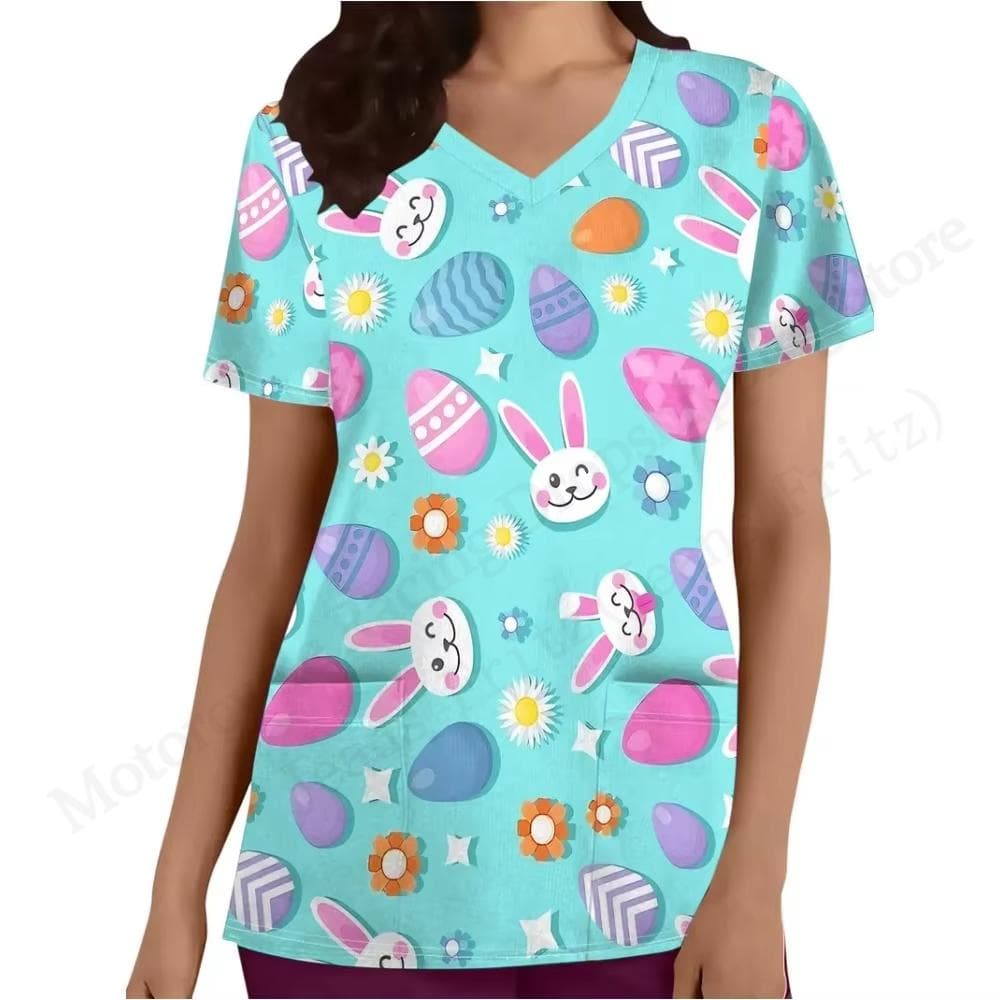 V-Neck Pocket Women Nurse Uniform Cartoon Rabbit 3d Print Medical Nursing Scrubs Female Working Tops Uniforme Hospital New 2025 7XL