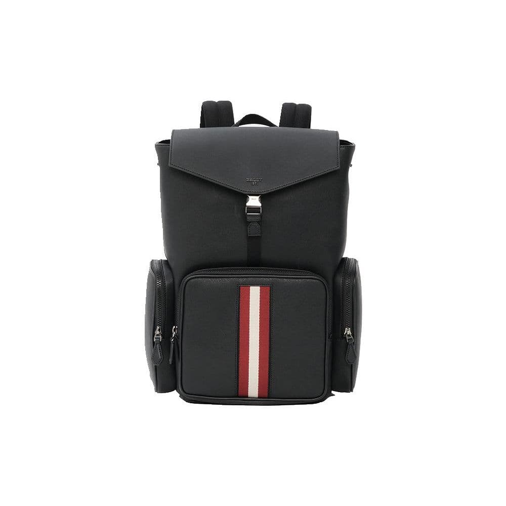 Bally Letter Logo Large Capacity Lock Flap Striped Zipper Backpack Men backpack Black 6303963 Basic Set (Bag+Dust Bag)