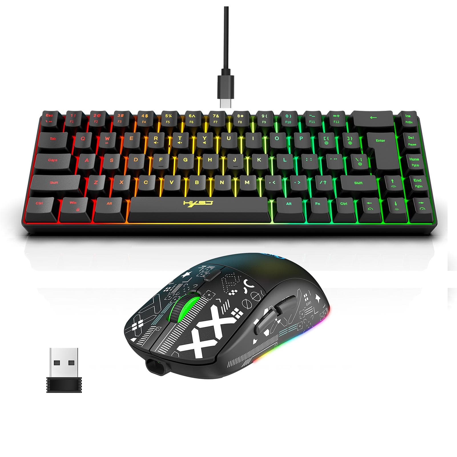 HXSJ Keyboard and Mouse Combo Wired K68 RGB Streamer Mini Gaming Keyboard Membrane Keyboard and black