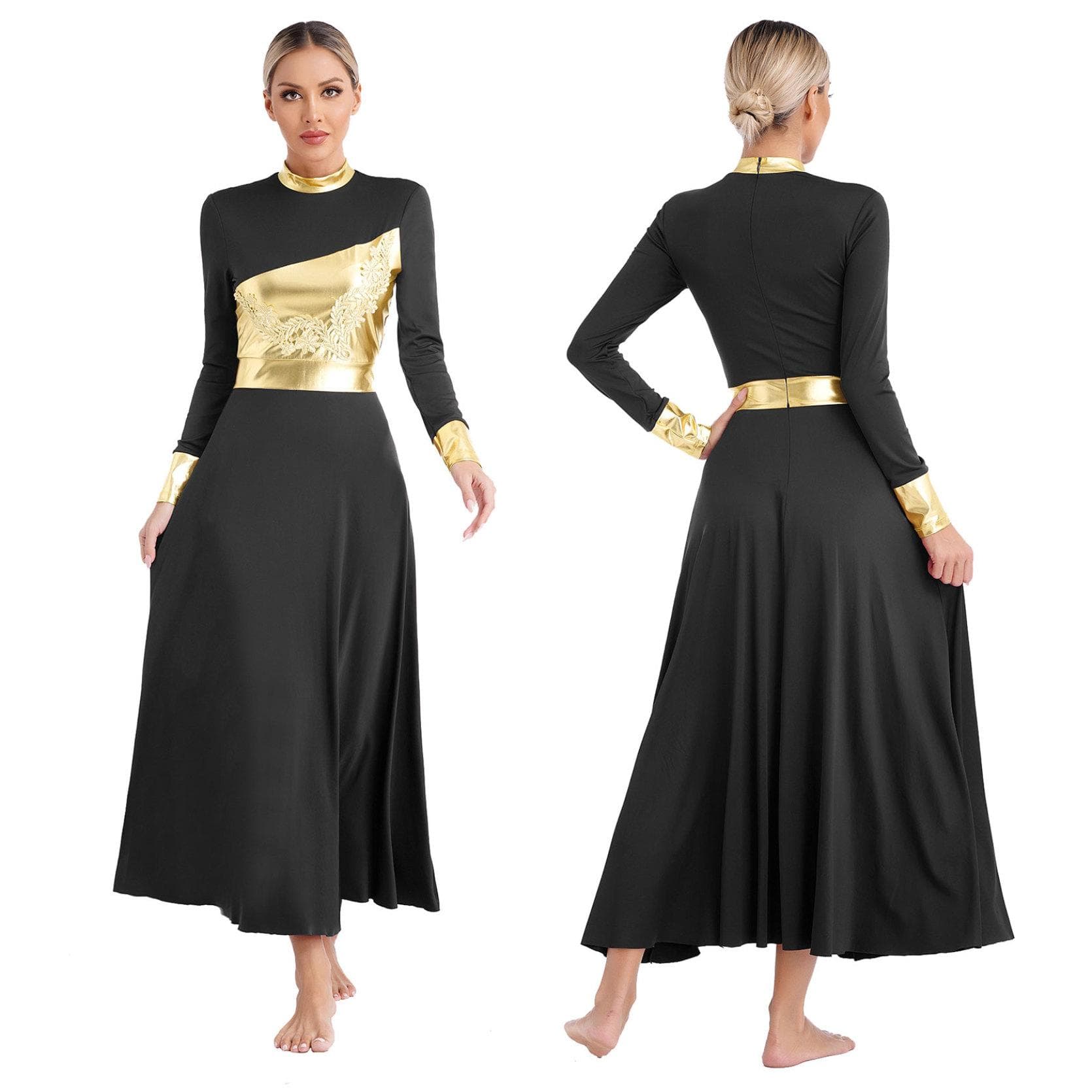 Womens Liturgical Worship Praise Lyrical Dance Dress Metallic Shiny Color Block Long Sleeve Applique Gown Church Choir Dancewear S black