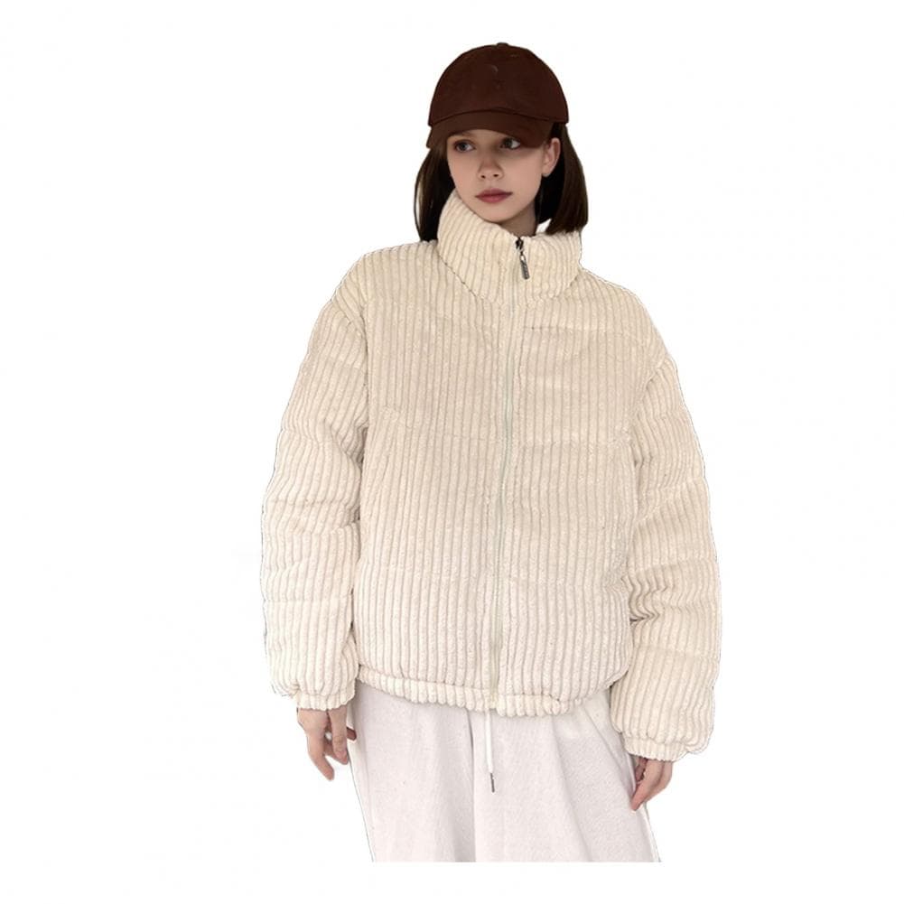 Women's Winter Jacket Corduroy Puffer Short Down Jacket Warm Quilted Cotton Coat Stand Collar Outerwear for Daily Life Work S beige