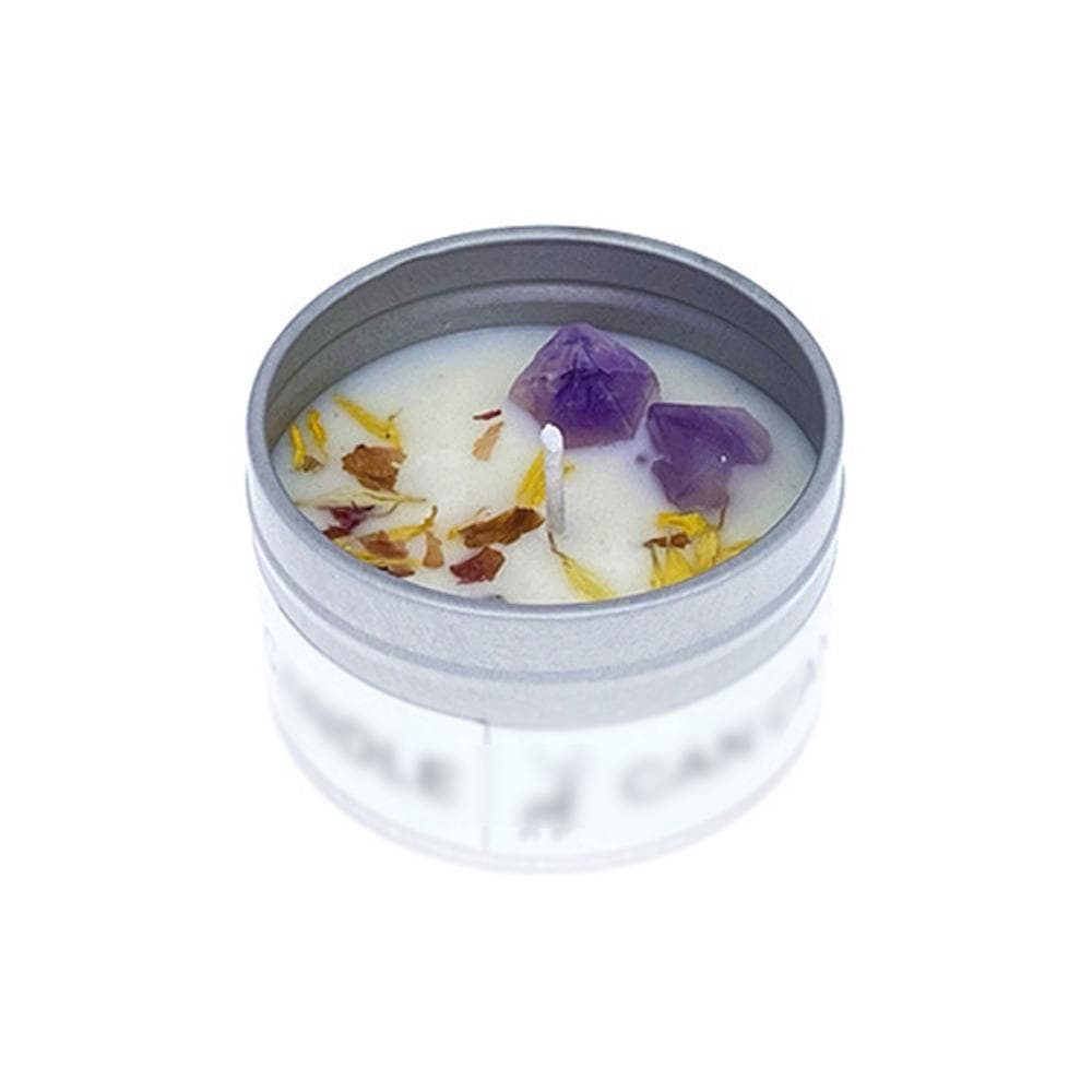 Soy Wax Candle in Metal Tin Dry Flower Crystal Stone Aromatherapy Candles for Bath Healing Spa purple