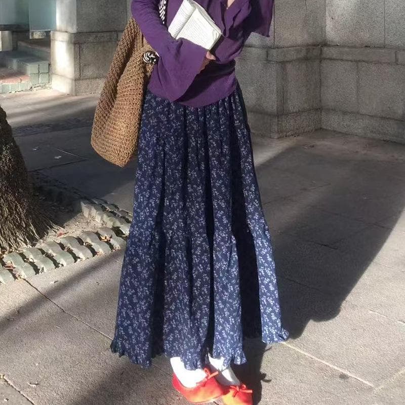 Retro Floral Skirt for Women In Spring New High-waisted Casual Lazy Style Autumn and Winter Cake Long Skirt XL navy blue