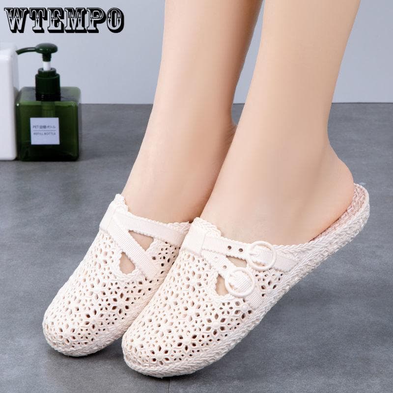PVC Slides Women's Outer Wear Holey Shoes Summer Soft Bottom Thick Bottom Sandals Home Bathroom Hollow Wrapped Toe Slipper Outdoor Beach Flip-flops 41 ivory