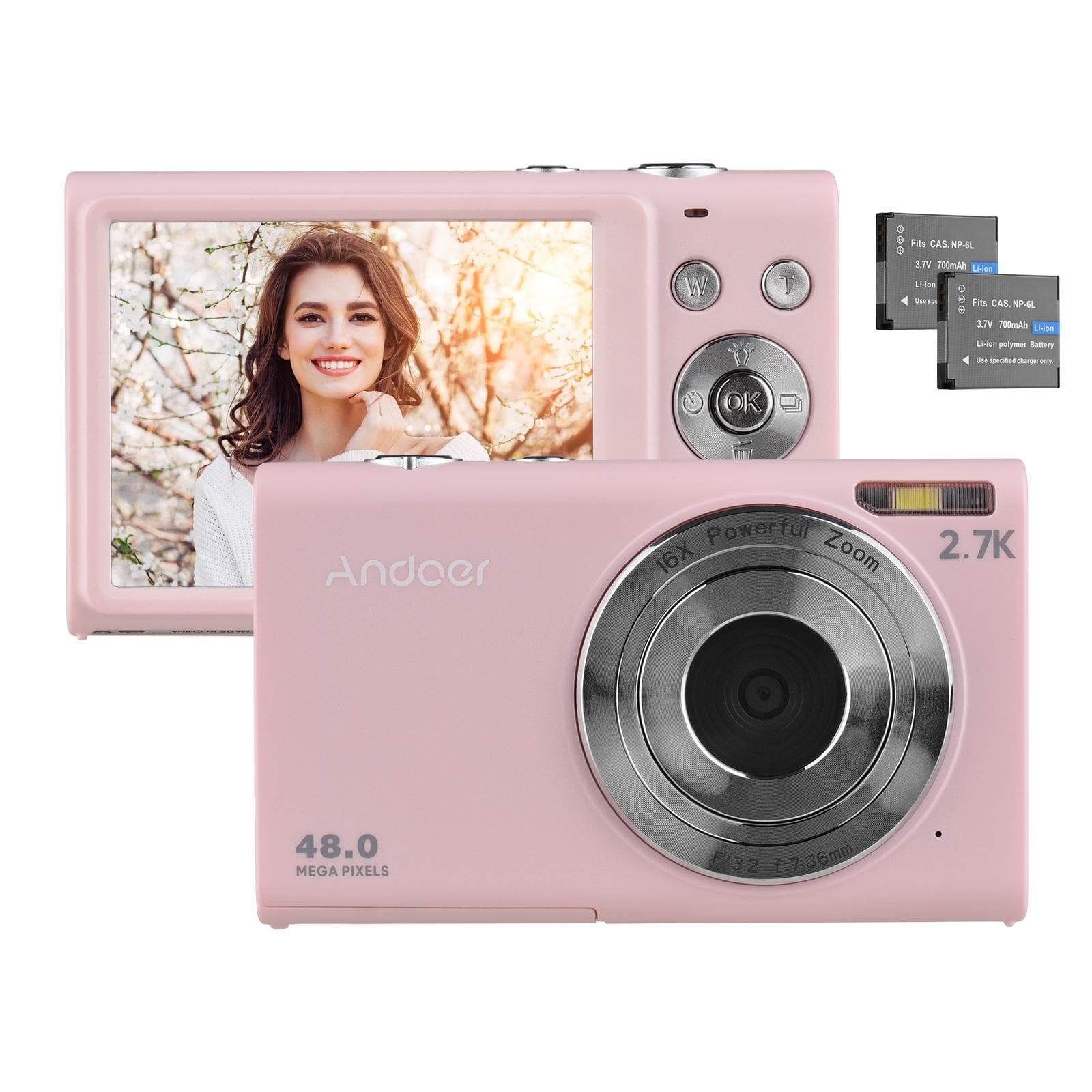 Andoer 2.7K Digital Camera Compact Video Camcorder 48MP Auto Focus 2.88 Inch IPS Screen 16X Zoom pink