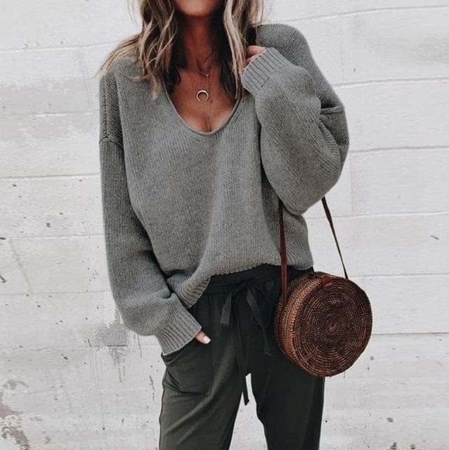 New Women's V-neck Long Sleeved Loose Fitting Pullover Knitted Base Sweater XL dark gray