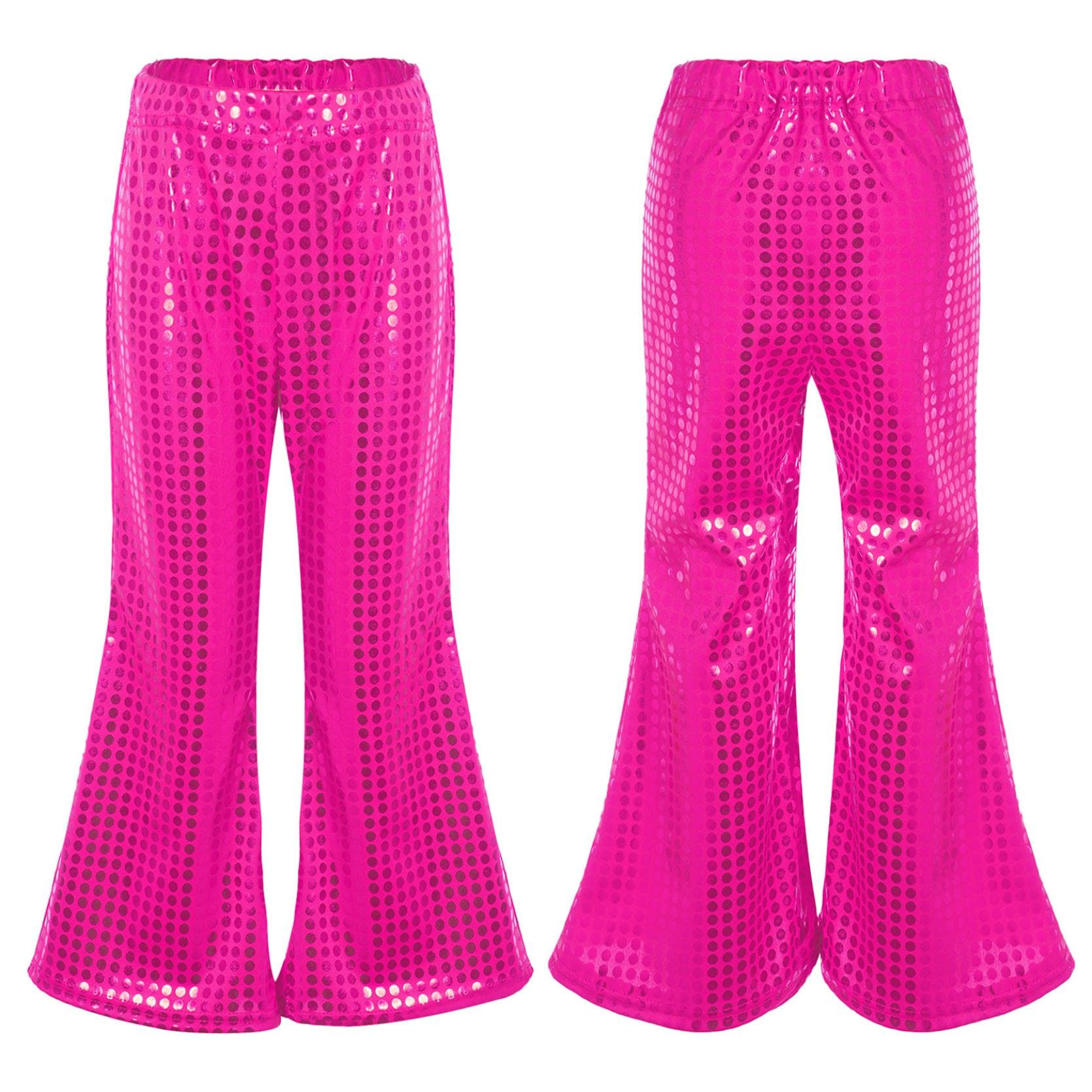 Kids Flared Pants Boys Girls Shiny Sequins Elastic Waist Bell BottomTrousers for Jazz Disco Modern Dance Stage Performance Pants 13-14 Years hot pink