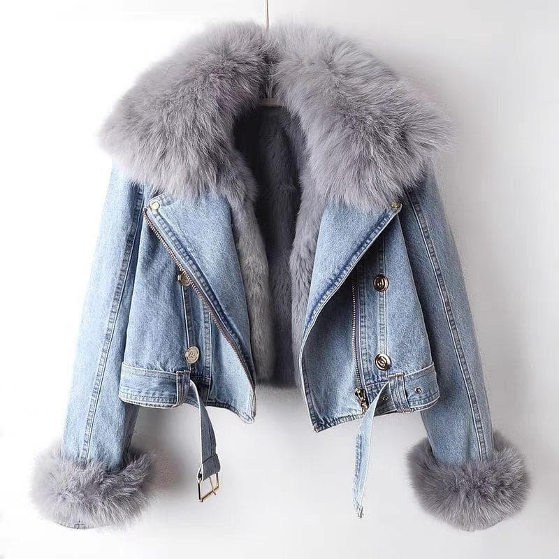 Women's Autumn and Winter Detachable Faux Fox Denim Jacket Cropped Top Pie Overcome 2XL blue