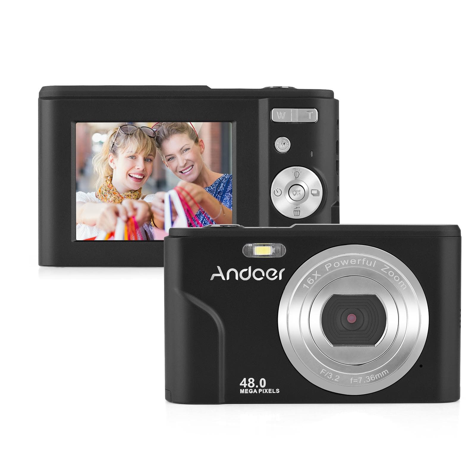 Andoer Portable Digital Camera 48MP 1080P 2.4-inch IPS Screen 16X Zoom Auto Focus Self-Timer Face black