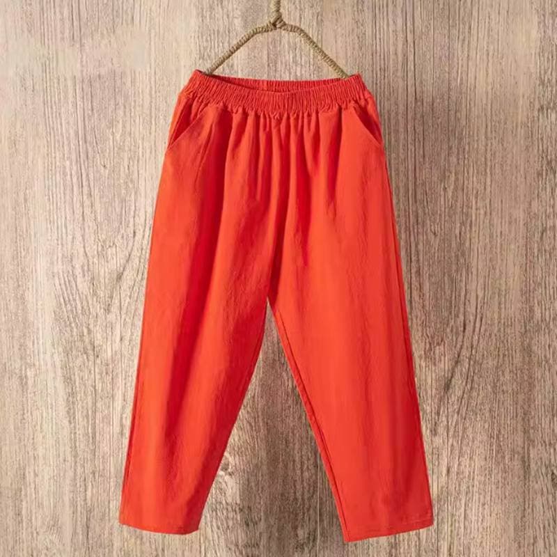 Women Summer Casual Loose Harem Elastic Waist Cotton Linen Pants Ninth Trousers 4XL orange