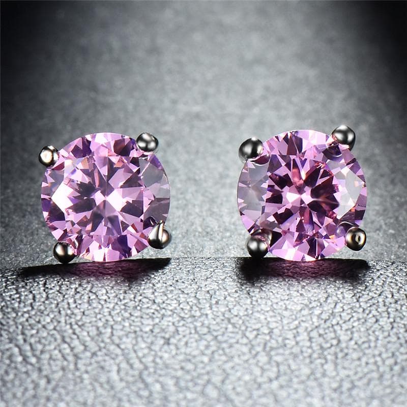 8MM Rainbow Multicolor Round Stone Earrings Silver Color Stud Earrings Wedding Gifts pink
