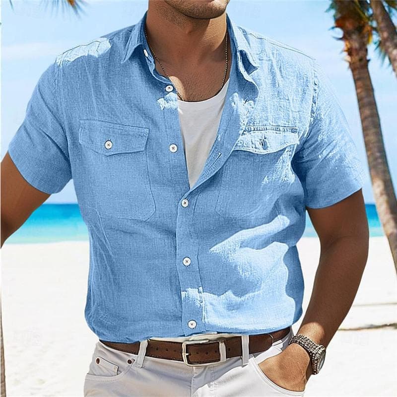 Summer Casual Shirts Men Fashion Short Sleeve Button-Up Shirt for Men Daily Solid Color Tops XXXL sky blue
