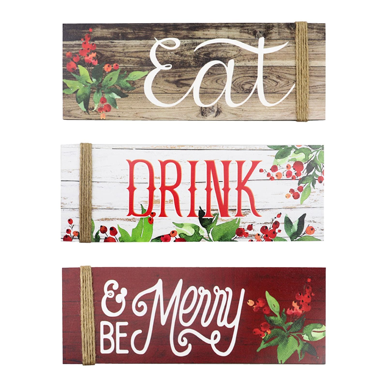 3PCS Christmas Wood Home Sign Be Merry & Eat & Drink Pattern Merry Christmas Front Door Sign for multicolour